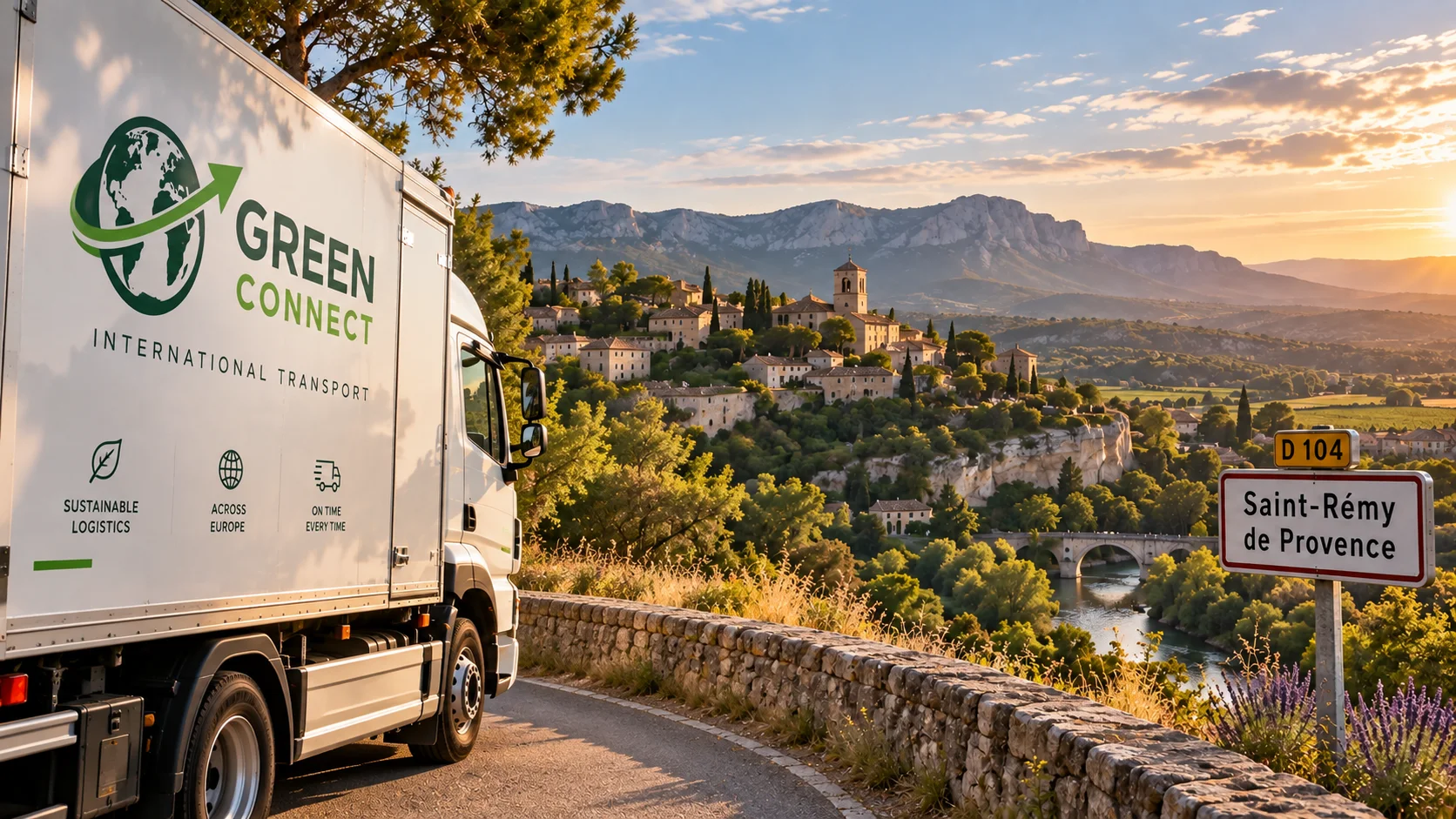 Green Connect-vrachtwagen in de Provence bij zonsondergang